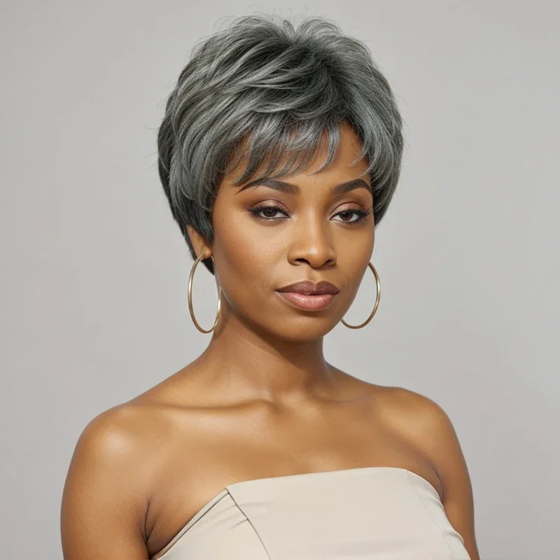 Pretty Diary Full Machine Bob Wigs Salt And Pepper Short Straight Pixie Cut with Bangs Human Hair Wig 250 Density