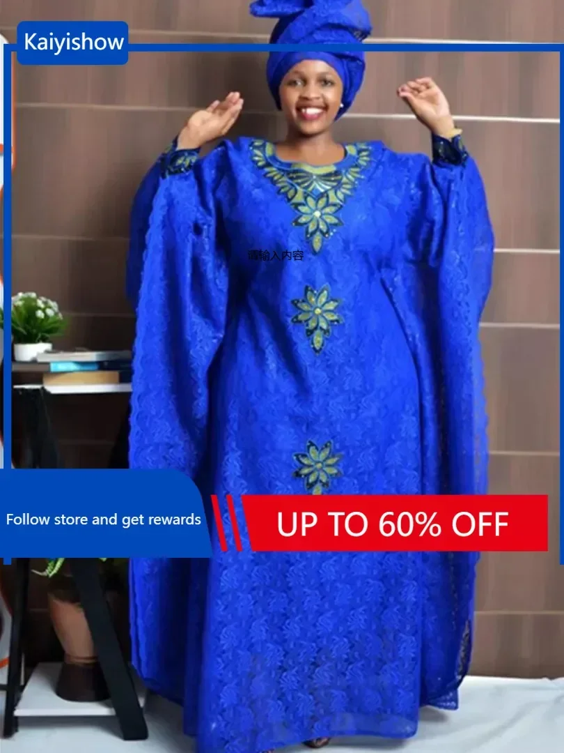 

Plus Size African Clothes for Women 2023 New Dashiki Ankara Embroidery Bazin Riche Design Wedding Party Dresses with Headscarf