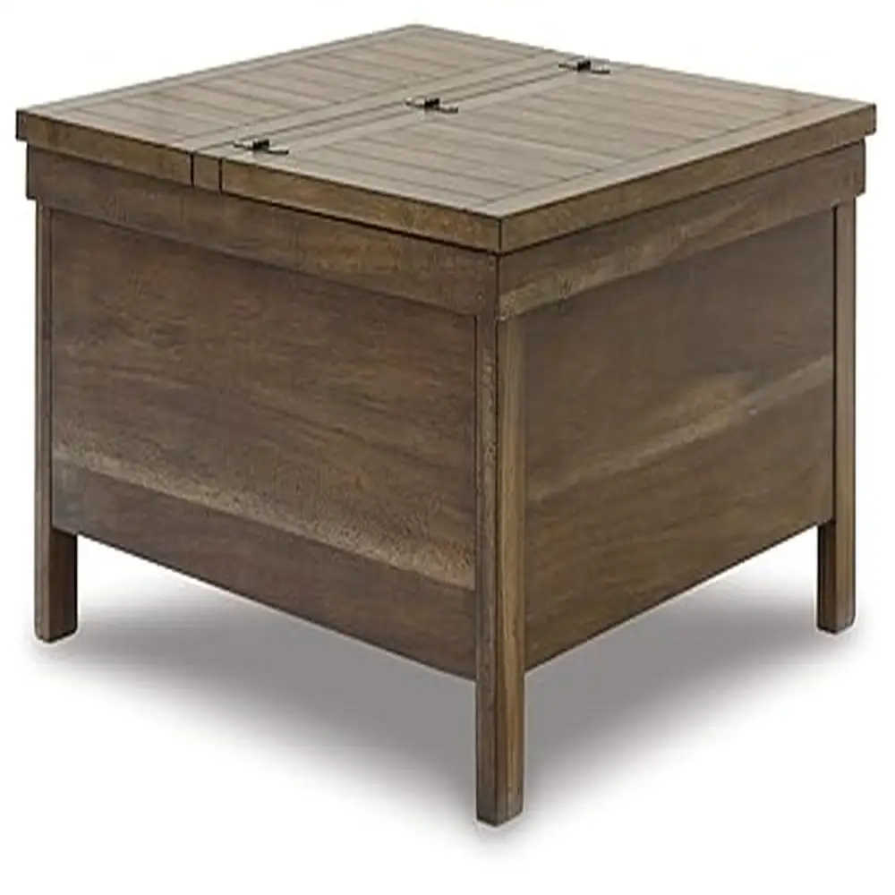

Hinged Lift Top Cocktail Table Hidden Storage Rustic Tobacco Brown Wood Square Coffee Table Bronze-Tone Hardware 36x36x18.13