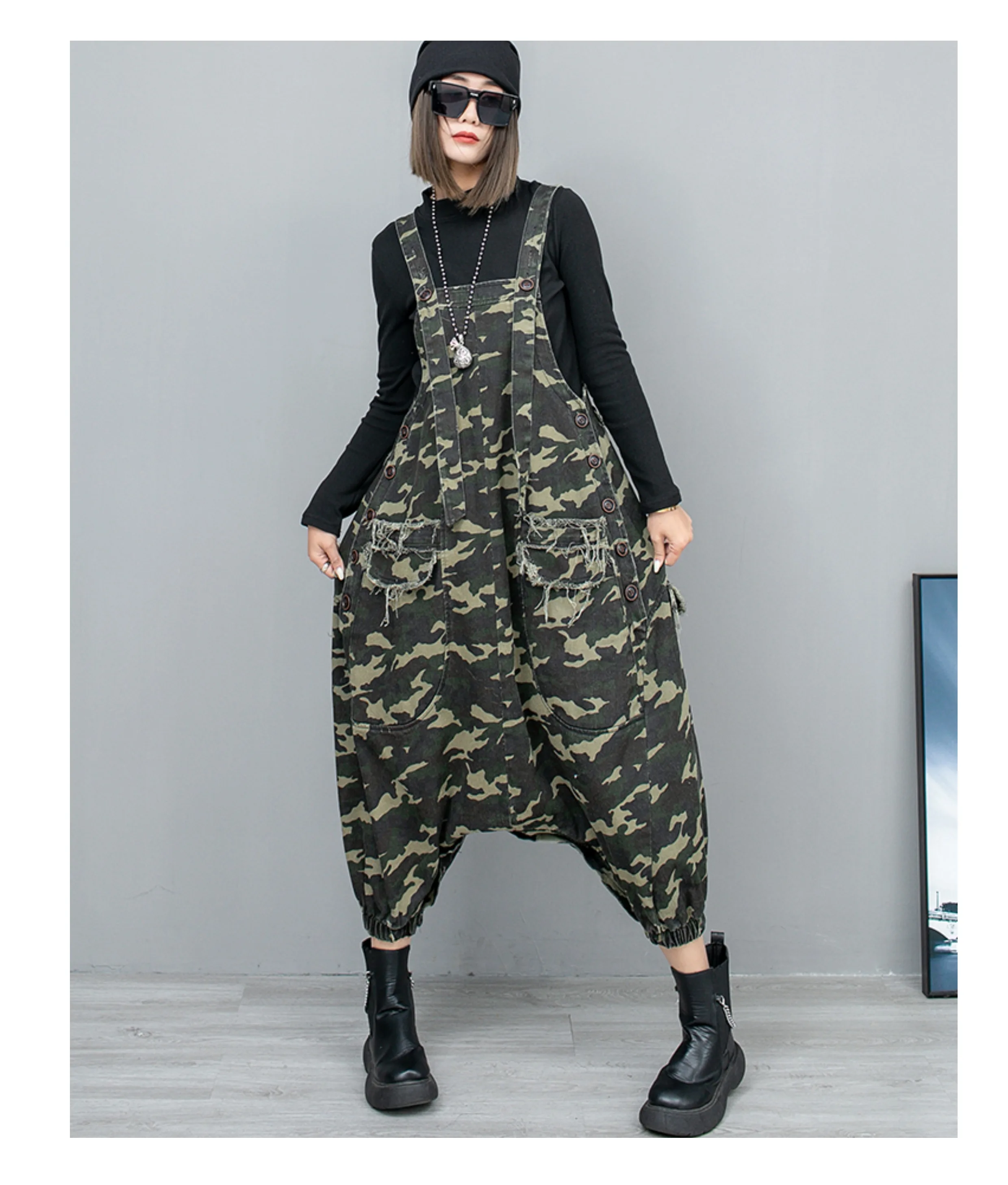 

Camouflage Denim Overalls Women Spring New Oversized Raw Edge Patchwork Pocket Wide Leg Jeans Punk Style High Waist Crotch Pants