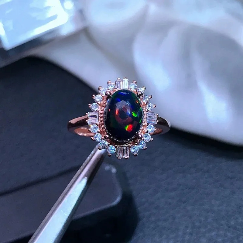 

Classic Sterling Silver Gemstone Ring 7mm*9mm Natural Opal Ring Gold Plating 925 Silver Dyed Black Opal Jewelry for Office Woman