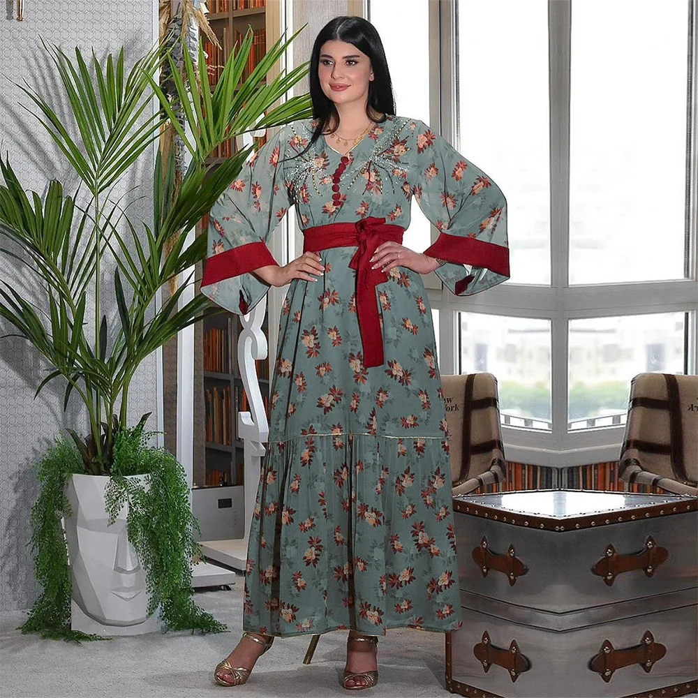 

Muslim Dubai Chiffon Print Belt Eid Women Dress Abaya Party Dresses Ramadan Abayas Caftan Kaftan Elegant Vestidos Arab Turkey