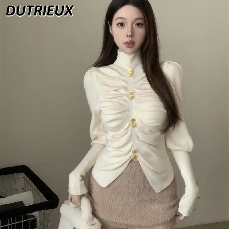 

Button Puff Sleeve Pullover Women's Winter Heavy Industry Sexy Half Turtleneck Pleated Temperament Long Sleeve Bottoming Sweater