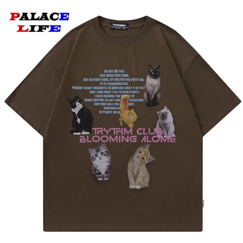 

Футболка мужская в стиле хип-хоп, уличная одежда, винтажный хлопковый топ в стиле ретро с надписью и принтом кошки в стиле Харадзюку, лето 2023