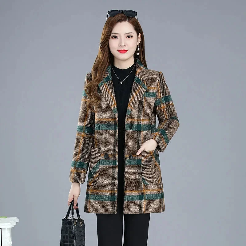 Autumn And Winter Coat Fleece Woolen Coat Women's 2023 Mid-Elderly Mothers Wear Cotton Trench Coat Female Plaid Outwear Female