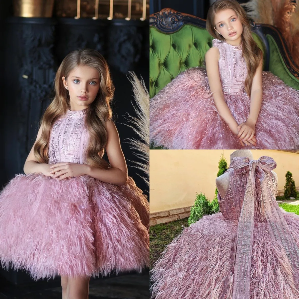 

Luxury Feather 2023 Flower Girl Dresses Sequined Baby Girl Sleeveless Toddler Clothes Birthday Wedding Guest Dress For Girls