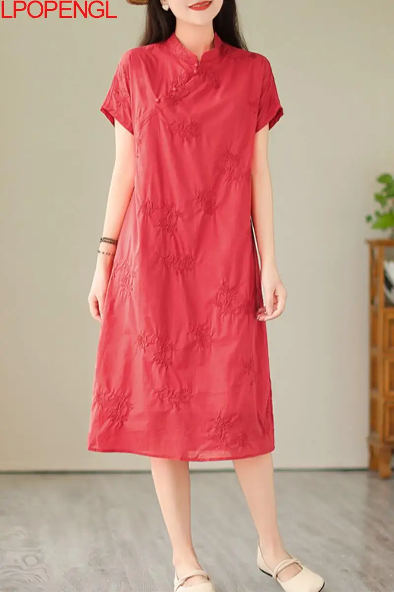 

2023 Summer Improved Wedding New Chinese Style Cheongsam Retro Embroidery Red Ramie Dress Female