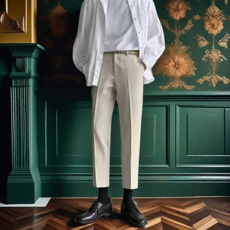 2024 New Spring and Autumn High End Fashion Business Casual High Waist Button Pocket Hanging Straight Crop Suit Pants for Men