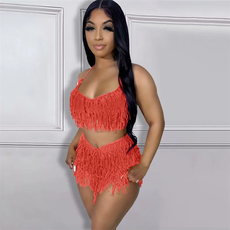 Sexy See-through Knitted Hands Hook Tassel Suits Women's Suspenders Tops Beach Elastic Waist Lace-up Shorts Casual Female Sets 2