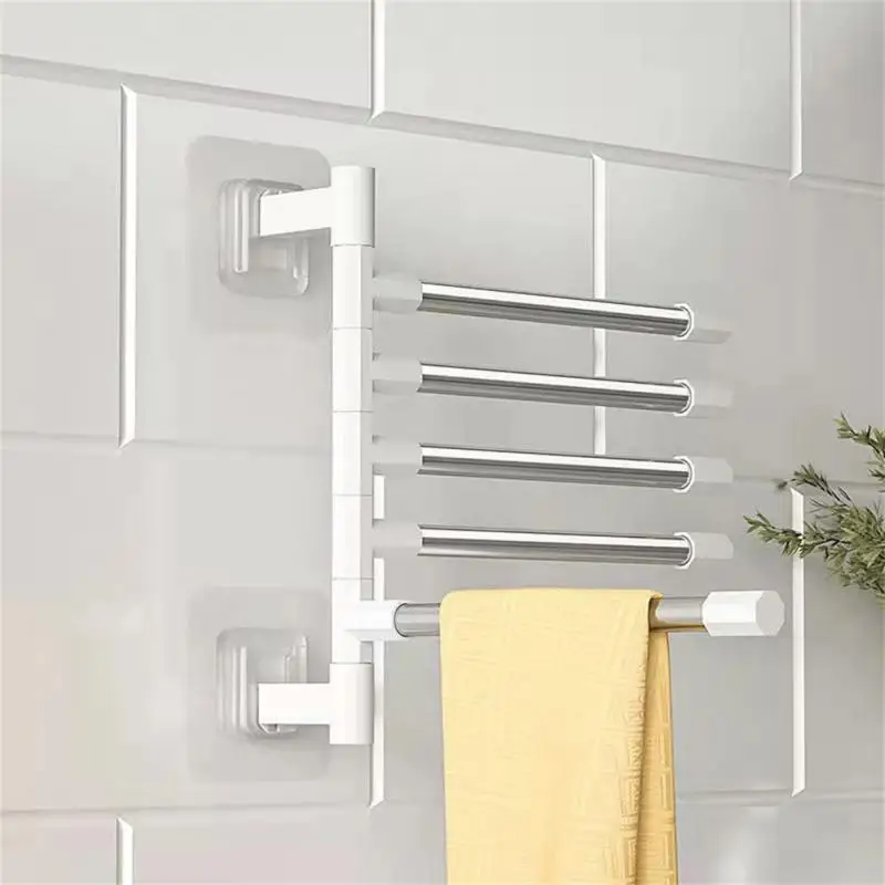 Towel Rack 1/2PCS Bathroom Towel Rack Rotatable 99.99% Space Aluminum 2/3/4-Bar Hanger Kitchen Shelf Paper Hanging Wall