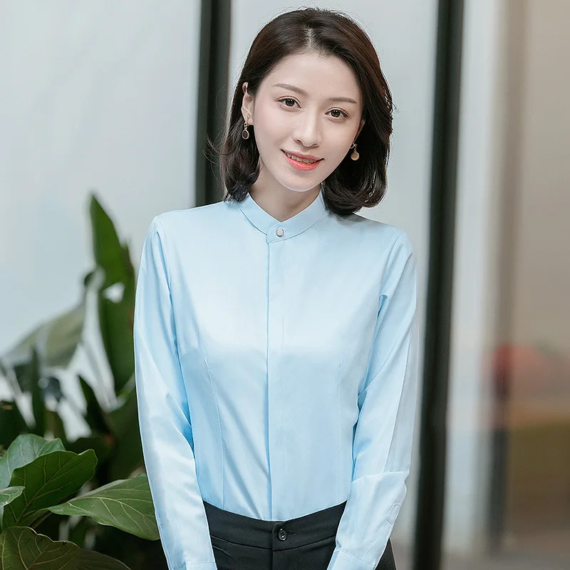 여성용 스탠드 칼라 긴팔 전문 작업복, OL 통근 JK 인치 셔츠