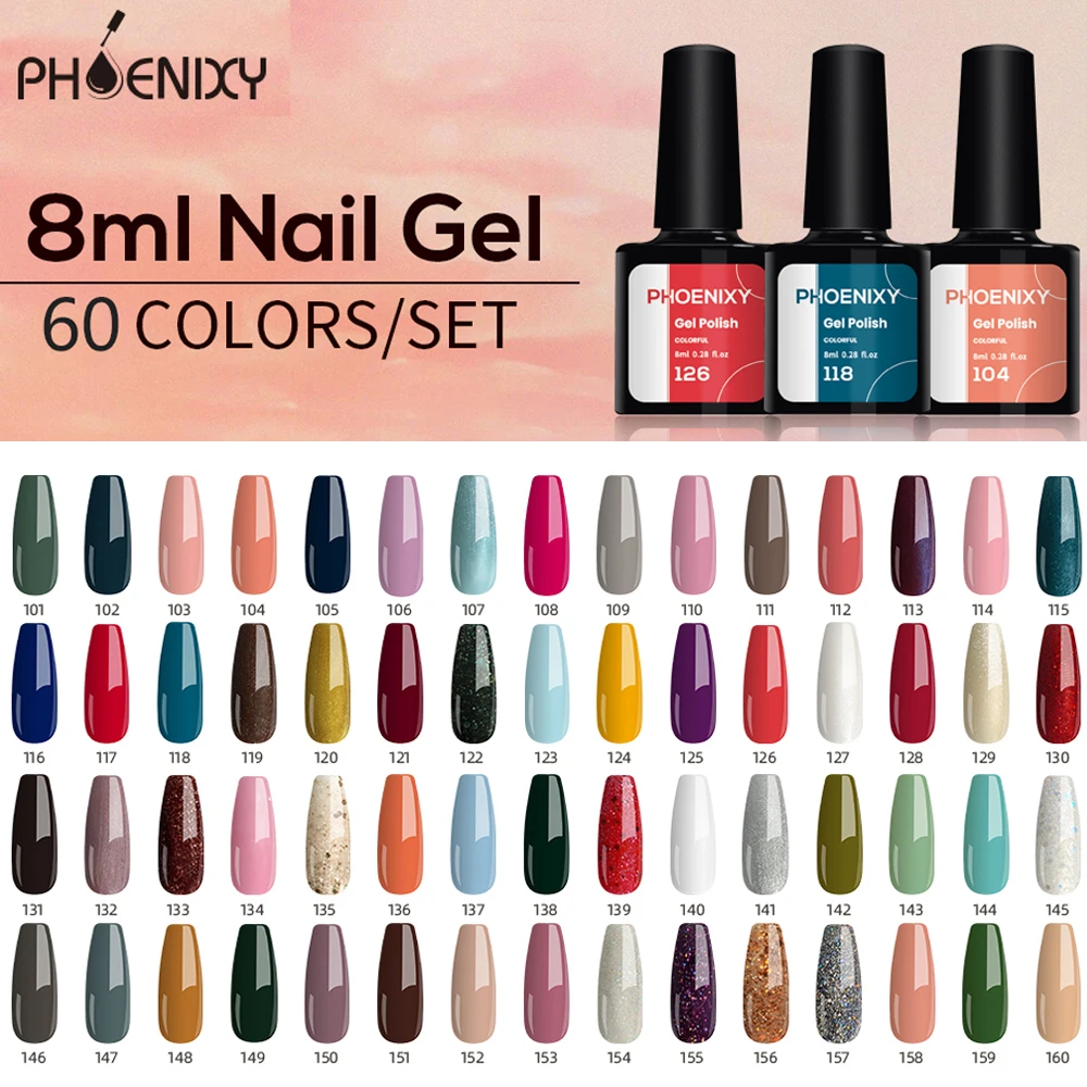 Phoenixy 60 PCS Gel Nail Polish Set Soak Off Gel Varnishes Kit Color