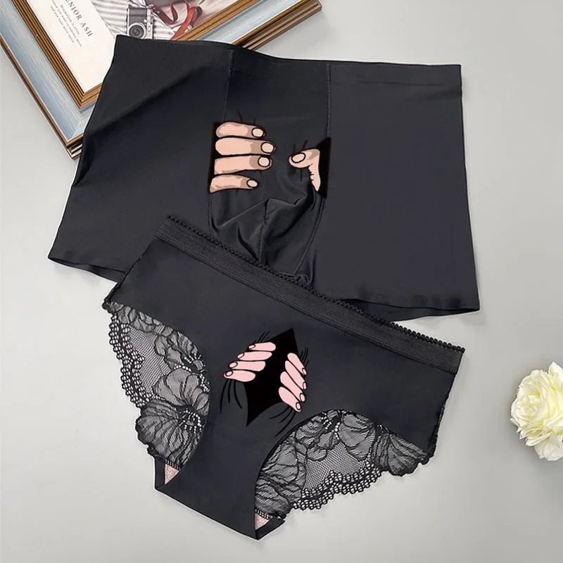 

Модные Шелковые Мужские и женские боксеры, шорты, кружевные трусы с принтом для пар, трусы, нижнее белье со средней талией, Сексуальное Тонкое белье