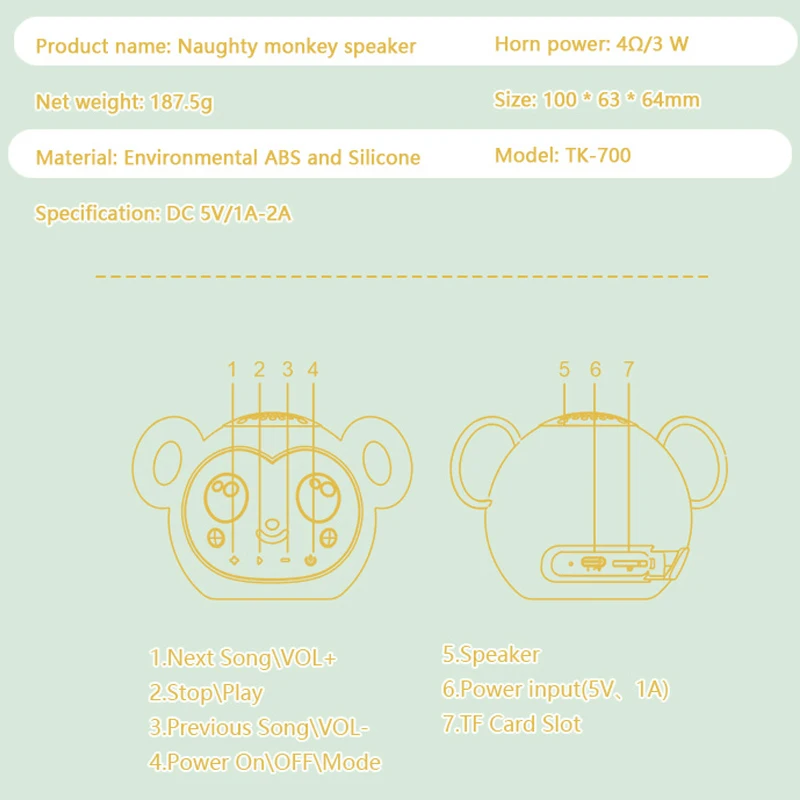 Mini Cute Bluetooth 5.2 Speaker Cartoon Monkey TWS Stereo Soundbar IP65 Waterproof Music Player Support TF Card Play Best Gifts