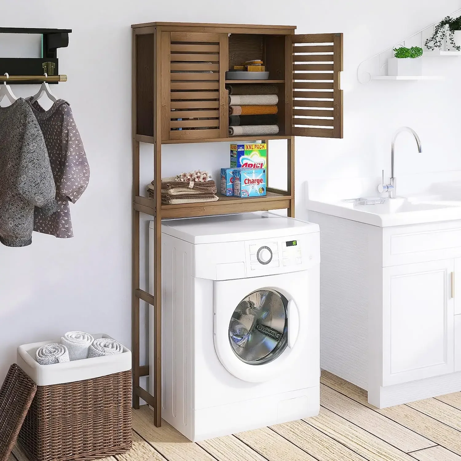 Bamboo Over-The-Toilet Organizer Rack, Freestanding Toilet Space Saver with 3-Tier Adjustable Shelves (Walnut) 4