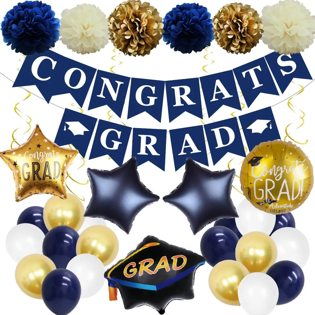 

Graduation Decorations for Class of 2023, Congrats Grad Banner, Pom Poms Hat, Balloons for Class of 2023, Navy Blue and Gold