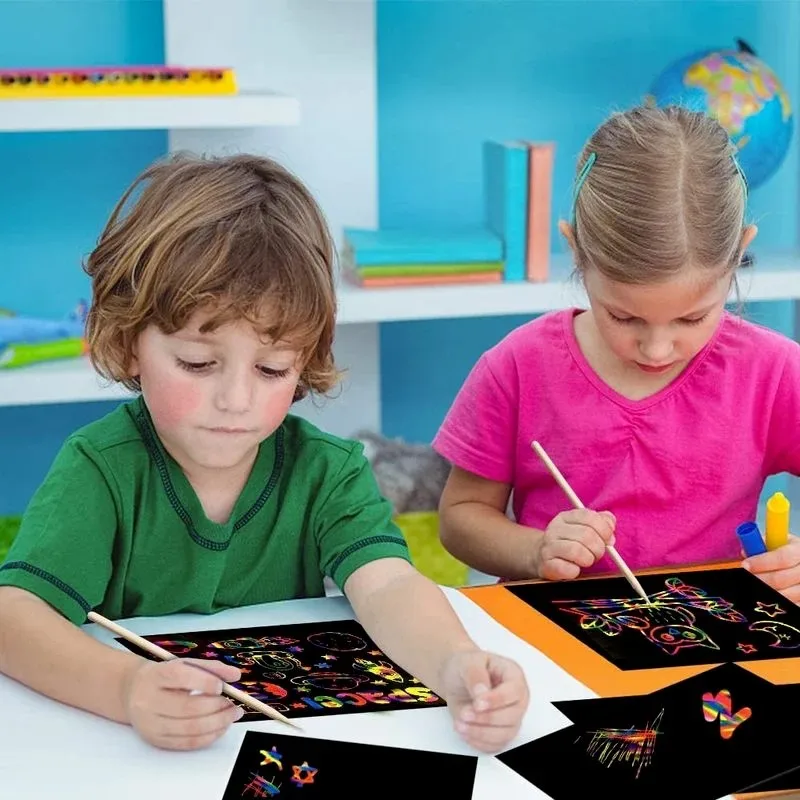 Scratch Paper Art Set Rainbow Card Scratch Black Scratch It Off Paper Crafts Notes with Wooden Stylus Stencils for Kid DIY Gift 6