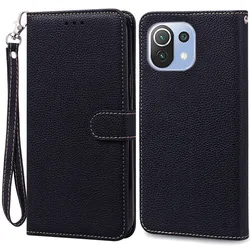 Leather Wallet Flip Case - Premium Protective Cover for Mi 11i (Black -Strap)