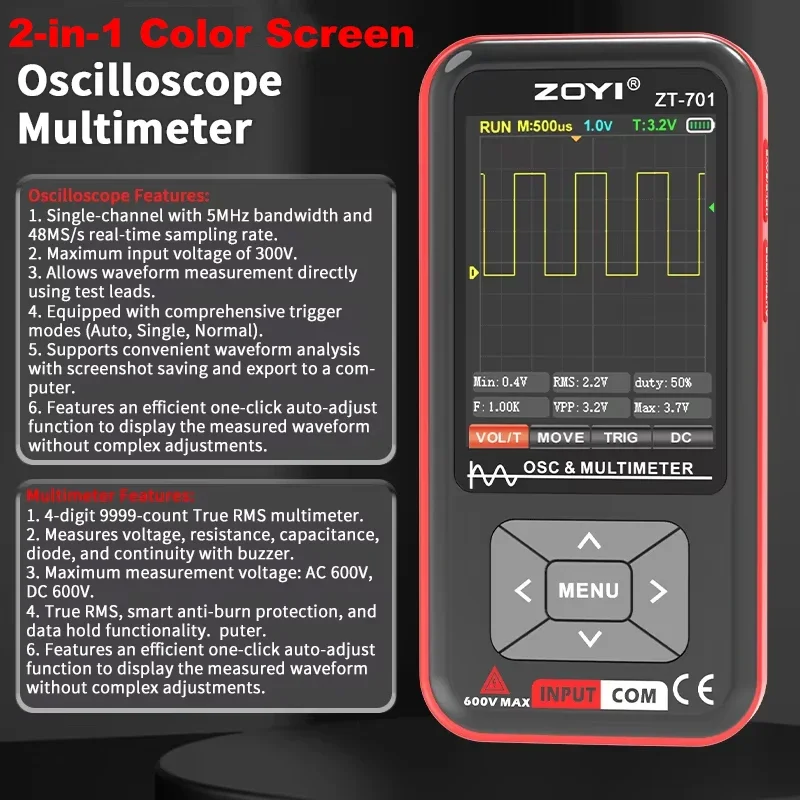 2in1 Digital Oscilloscope Multimeter 5MHz Bandwidth 48MSa/s Rate PC Waveform Data Storage Portable Signal Generator