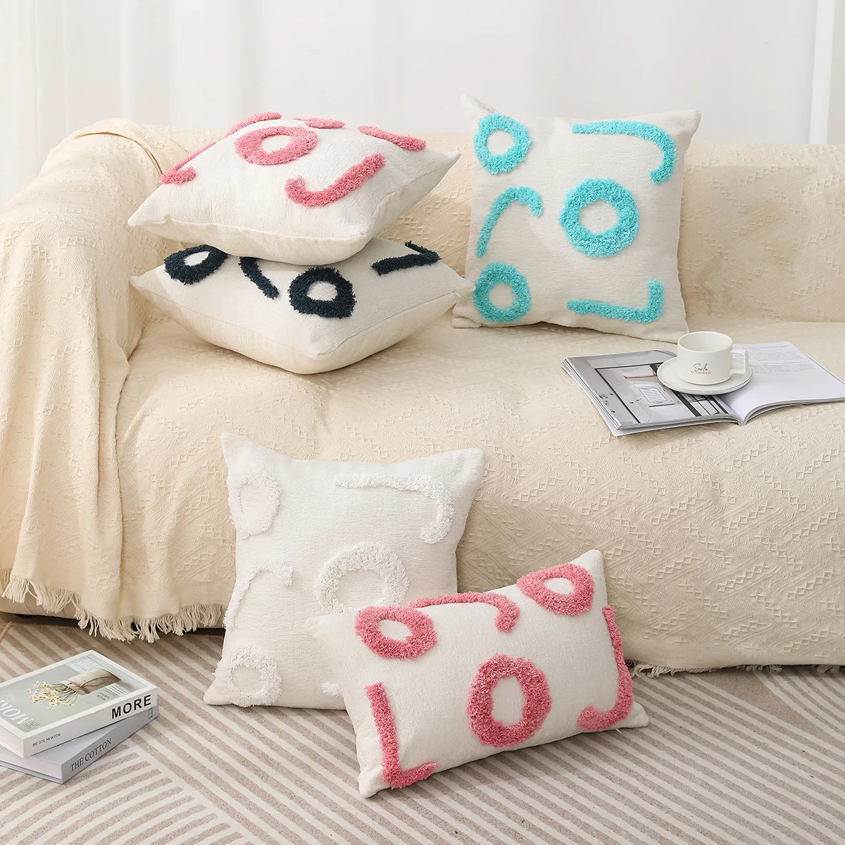 

Solid Color Chenille Geometric Tufted Pillow Covers Decorative Simplicity Letter Embroidered Couch Cushion Cover Home Decor