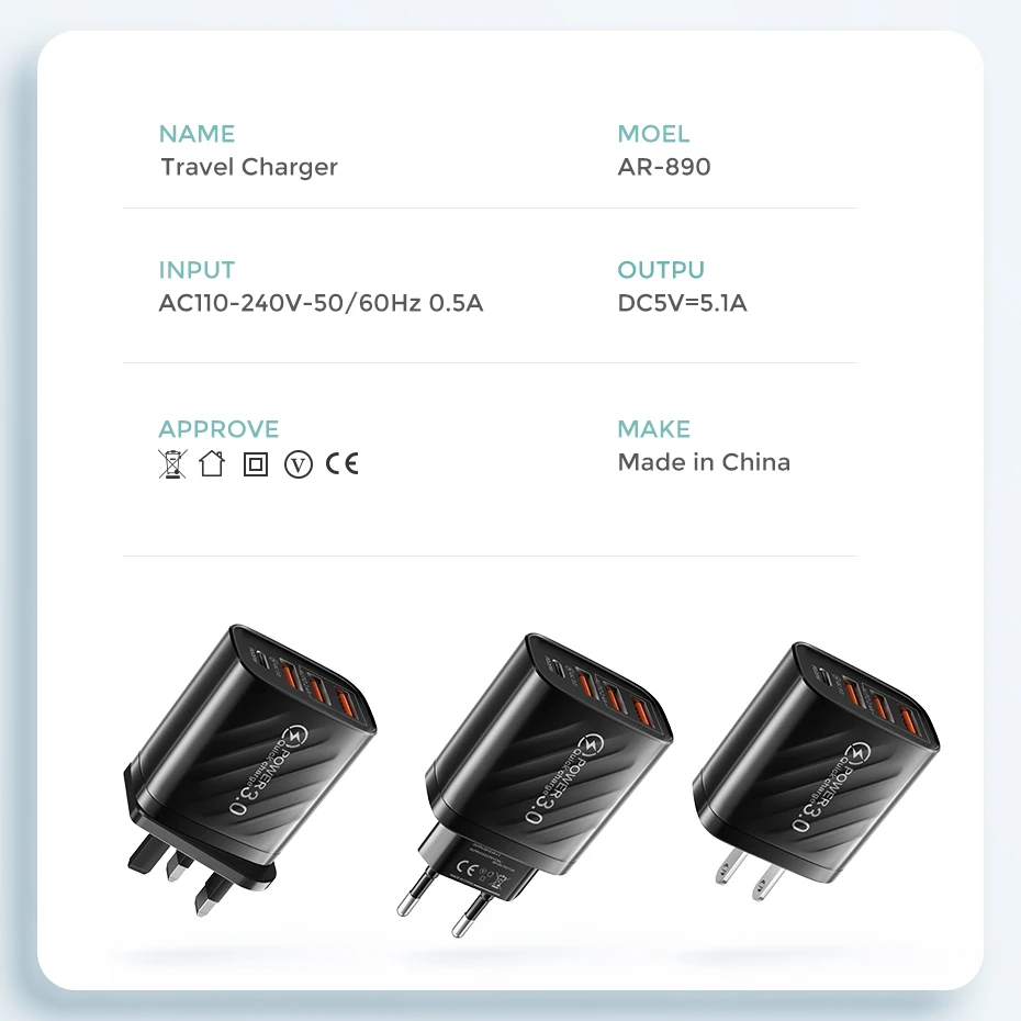 48W USB Charger Quick Charge QC Type C PD Fast Charging For iPhone Samsung Huawei Xiaomi Mobile Phone EU/US/UK Plug Wall Adapter