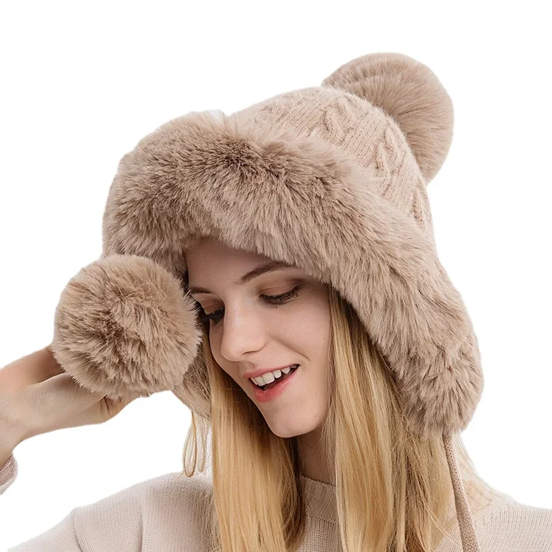 

Women Warm Knitted Hat Fur Beanie Hat with Earflap Two Balls Lady Winter Fashion Thicken Plush Fluffy Cap Russian Hats for Women