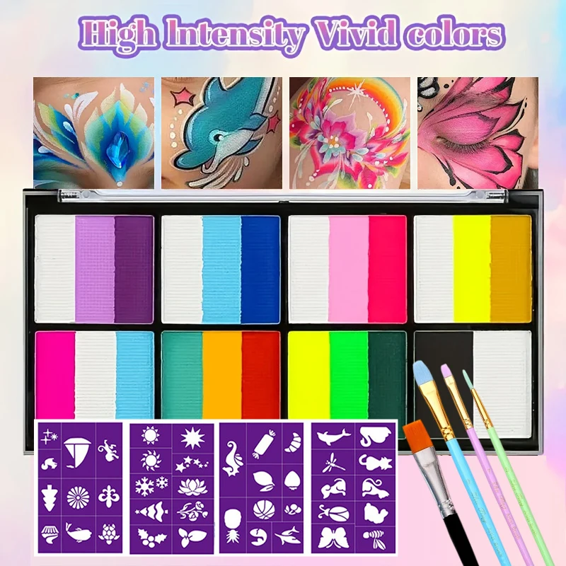 Dual-Tone Face  Body Paint Palette - Rainbow Stripe Makeup Kit for Cosplay  Halloween