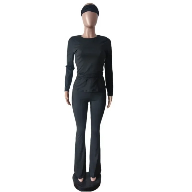 Women Solid Yoga 3 Piece Set Headband + O-neck Full Sleeve Crop Tops + Lapel High Waist Flare Pants Slim Fitness Workout Suits 2