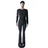 Women Solid Yoga 3 Piece Set Headband + O-neck Full Sleeve Crop Tops + Lapel High Waist Flare Pants Slim Fitness Workout Suits 2
