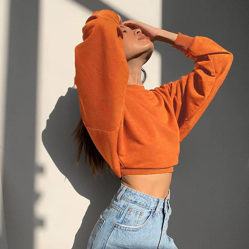 2023 New Sports Shirt Long-sleeved O-neck Cotton Pullover Crop Top Casual Loose Autumn Sweatshirt Ladies Sportswear Streetwear