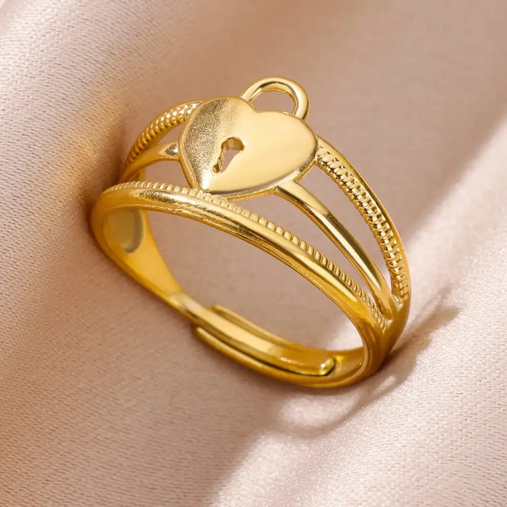 Stainless Steel Rings for Women Men Gold Color Hollow Heart Ring Finger Wedding New In 2024 Trend Jewelry Valentine's Day Gift