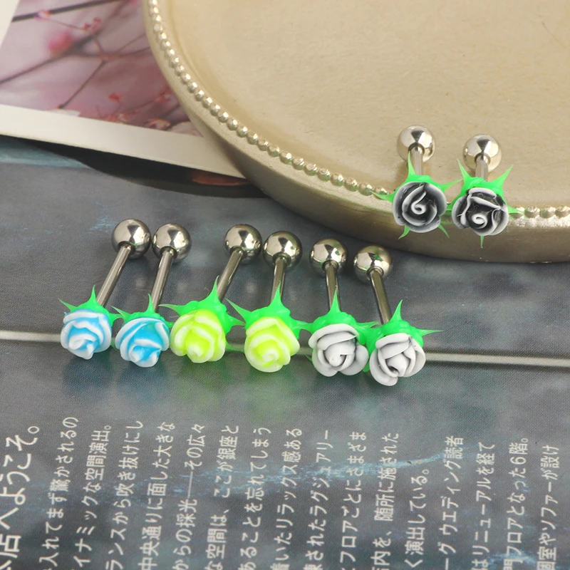 silicone rose flower Tongue Piercing Jewelry Tongue Rings for Women straight barbell 16mm tongue bar nipple rings for women men