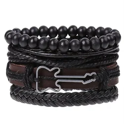 Men's Premium Leather Bracelet Set: Four - Piece Woven Geometric Design (1)