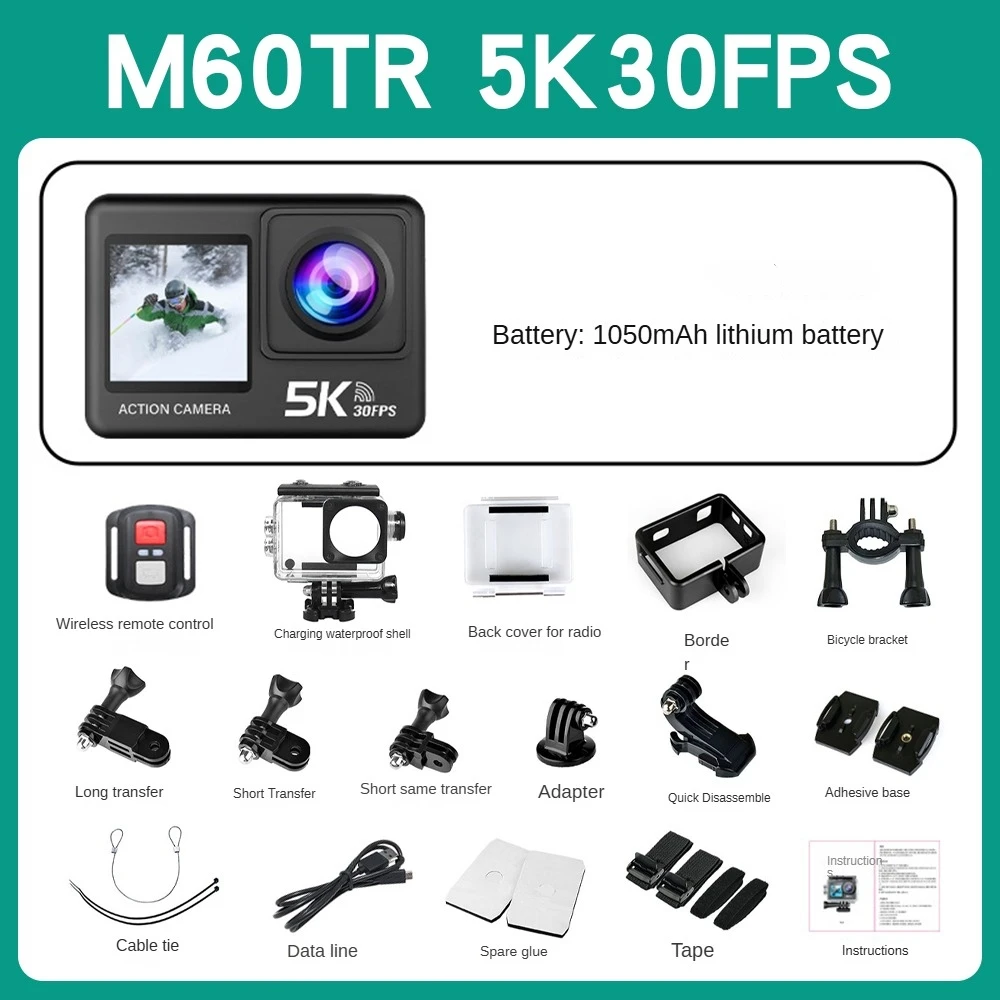 NCZOBOE 액션 카메라 5K 30FPS EIS 48MP Wi-Fi 듀얼 스크린 170도 8배 줌 프리 레코드 30M 방수 스포츠 카메라