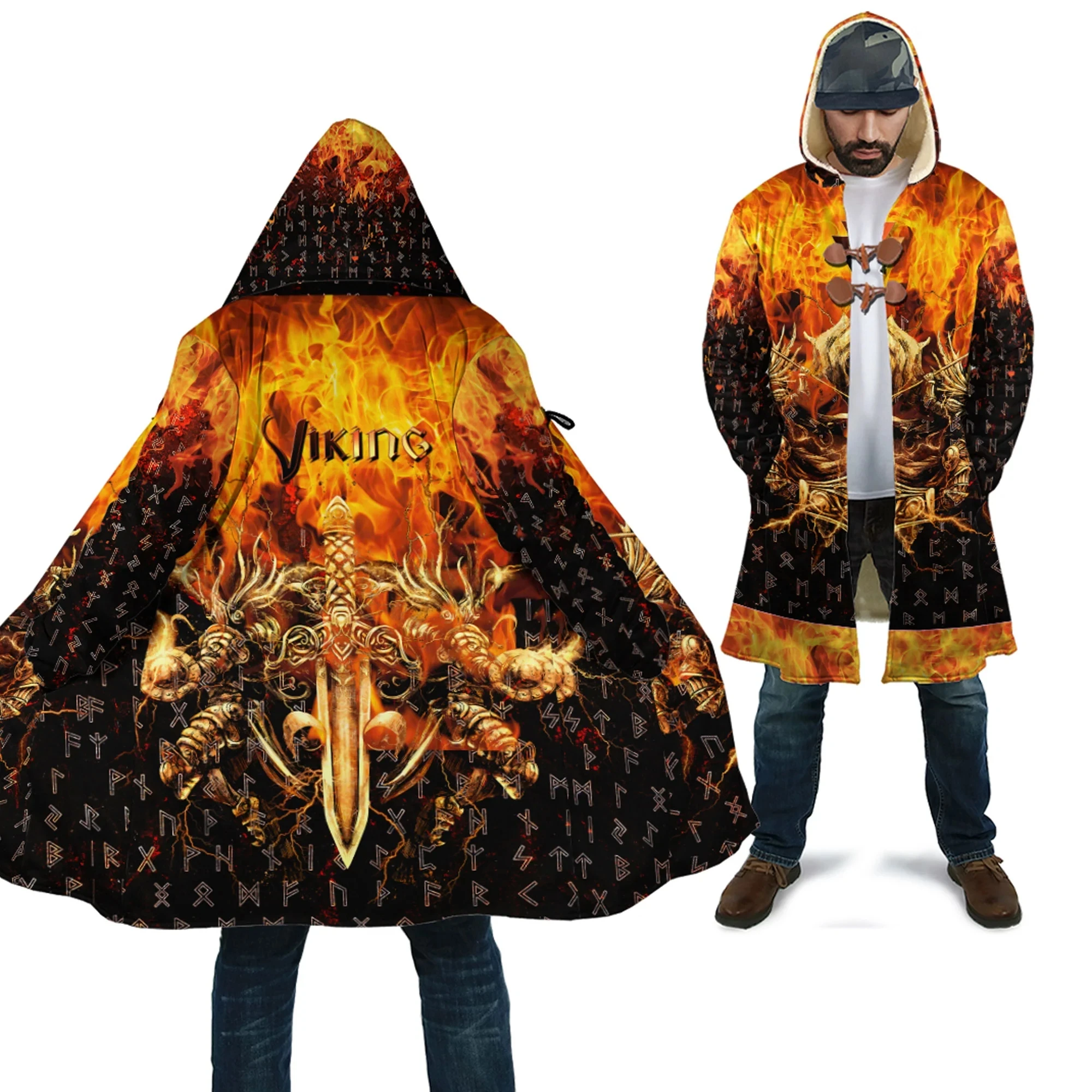 Valkyrie Warrirors Valknut Fire Tattoo 3D Printed Men's Fleece Hooded Cloak Winter Unisex Casual Thick Warm Cloak Coats PF120 imd pattern printed case for samsung galaxy a23 4g 5g global version anti fall soft tpu phone protector shockproof phone cover tiger and fire