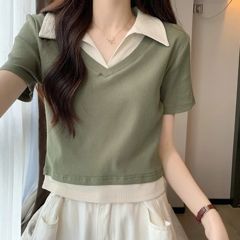 

New Fashion 2024 Women Tops Contrast Color Spring Summer T- Shirt Female Splice Clothing Sexy Crop Top Clothes Casual Blouse Y2k