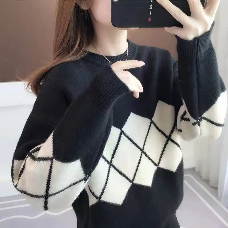 

Fast sell hot style autumn European and American women's new jacquard sweater checkered casual jumper woman