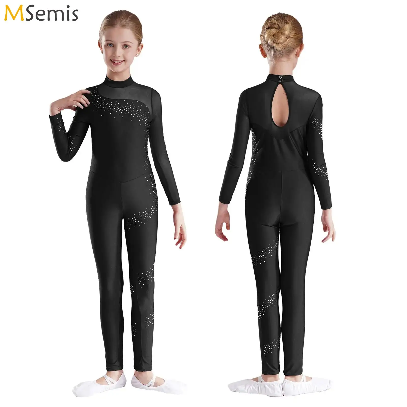 Rhinestone Gymnastics Leotard Full Body Jumpsuit Kids Girls Long Sleeve Sports Body Ballet Unitard Jersey Performance Dancewear