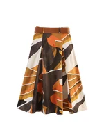 2025 Women Summer MIDI Skirts Vintage Print Poplin Belt Female Elegant Street A-Line Skirt Clothing - Image 2