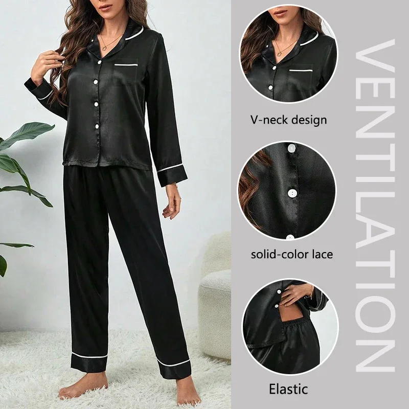 Women Pajamas Set Plus Size Autumn and Winter Silk Pajamas Women Tops and Pants Solid Casual Soft Nightwear Buttons Cardigan Sleepwear Homewear