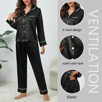 Plus Size Autumn and Winter Silk Pajamas Women Tops and Pants Solid Casual Soft Nightwear Buttons Cardigan Sleepwear Homewear 3
