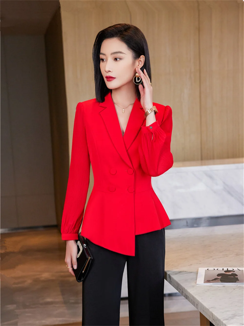 Chic Women's Pant Sets 2023 New White Red Double Breasted Chiffon Sleeve Blazer Suit with Trousers Elegant Office Lady Jacket