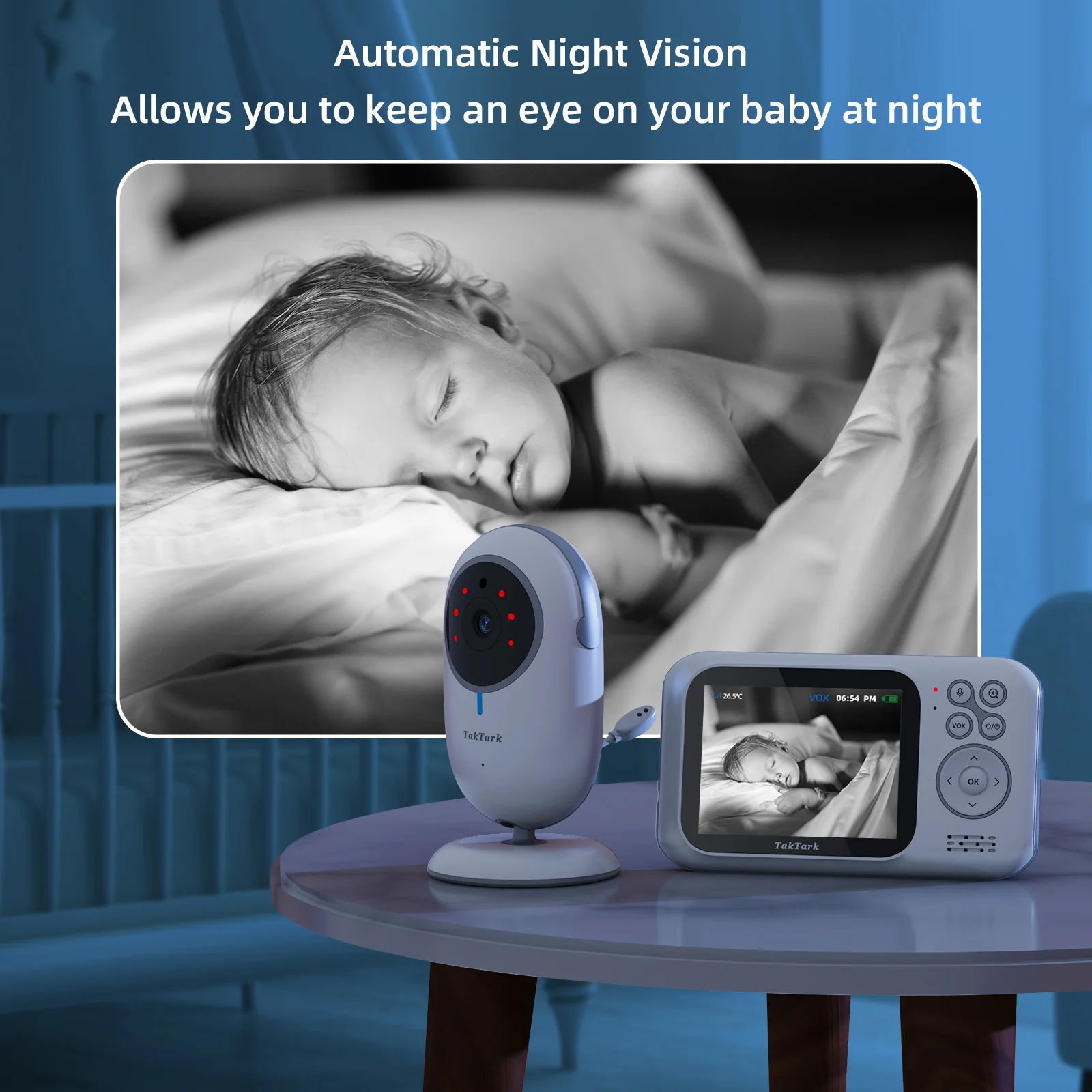 TakTark Babyphone Video, 2.0'' LCD Babyphone Camera 2.4 GHz Camera Bebe  Surveillance la Température de Vision Nocturne Communication  Bidirectionnelle et Berceuses Visiophone Bébé : : Bébé et  Puériculture