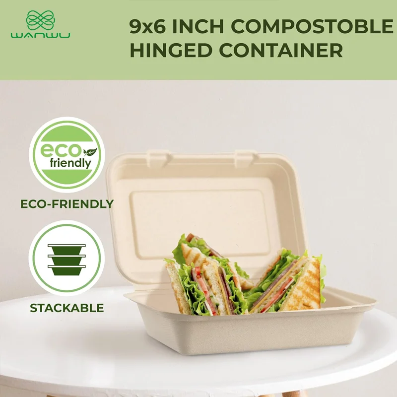 50 pcs Harvest Pack 9 X 6 inch Square Hinged Containers,Flip Top Take Out Boxes,Heavy Duty Bagasse Food Containers