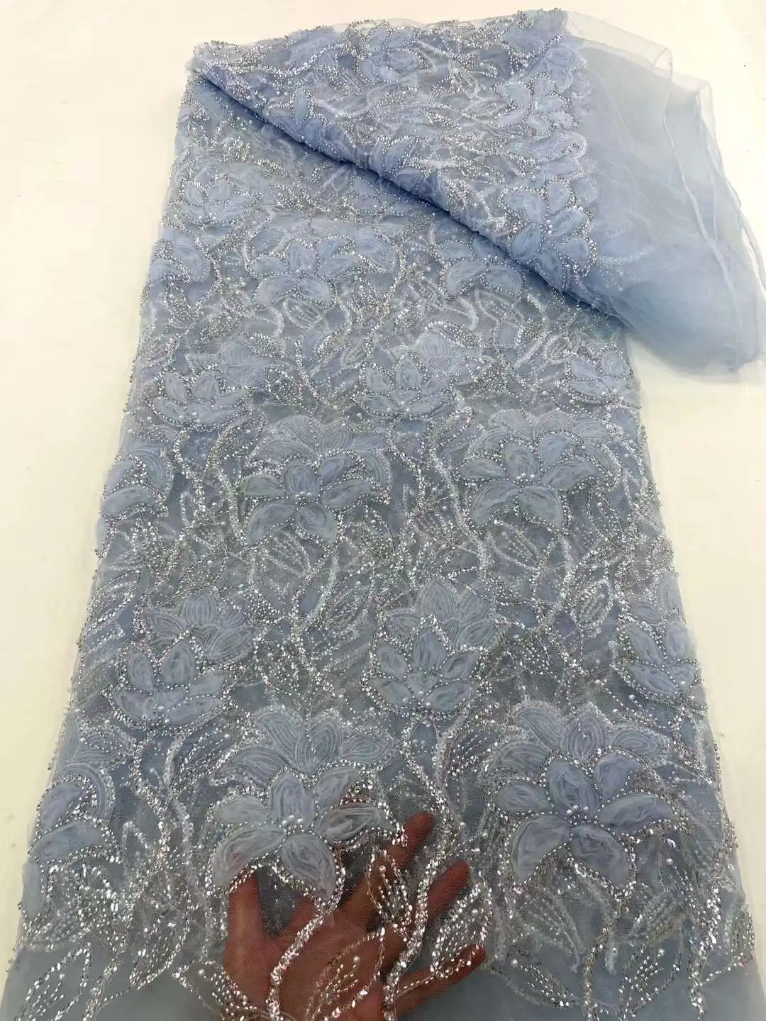 African Beaded Lace Fabric 2024 High Quality French Tulle Lace Nigerian Sequins Net Lace Fabric For Wedding Dress 5 Yards Sewing pgc african sequins net lace fabric 2021 high quality nigerian french tulle lace material for wedding dress sewing ya4563b 3