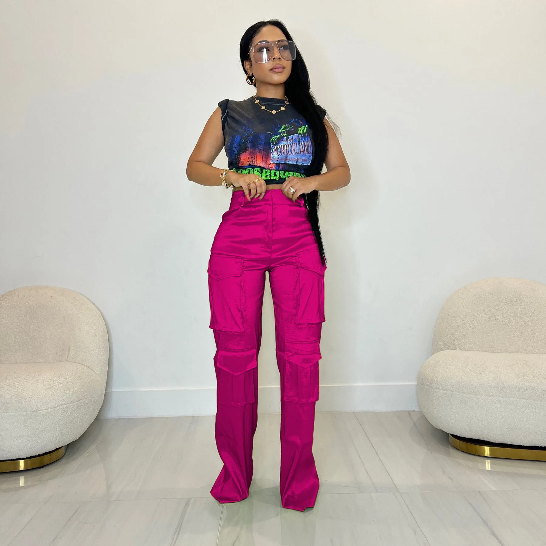 Cargo Pants for Women Baggy Hight Waist Multi Pocket Straight Jogger Pants 2023 Fashion Zipper Fly Pink Trousers Streetwear Y2k