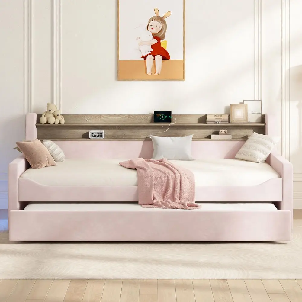 Twin Daybed with Trundle, Upholstered Day Bed with Storage Headboard amp Charging Station, LED Corner Bed Frame Furniture for B