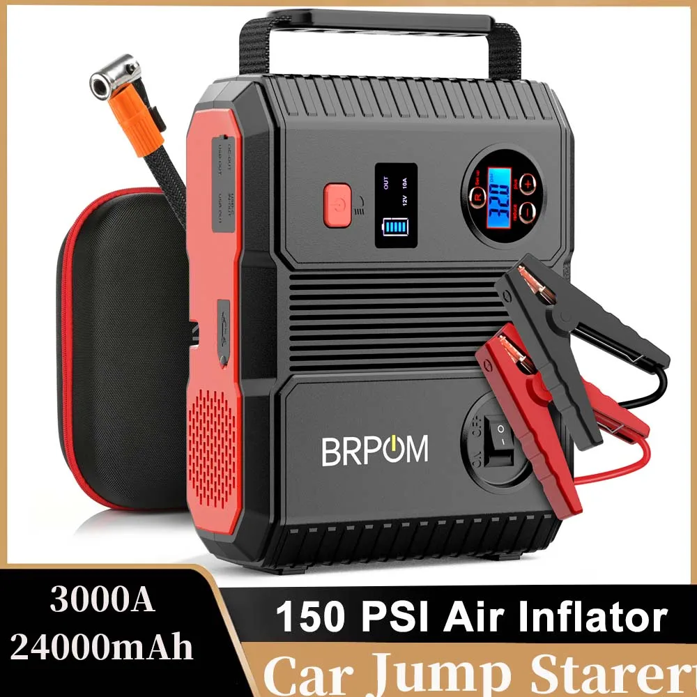 Car Jump Starter 2 In 1 3000A 24000mAh 150PSI Air Compressor Tire Pump Portable Charger Starting Device
