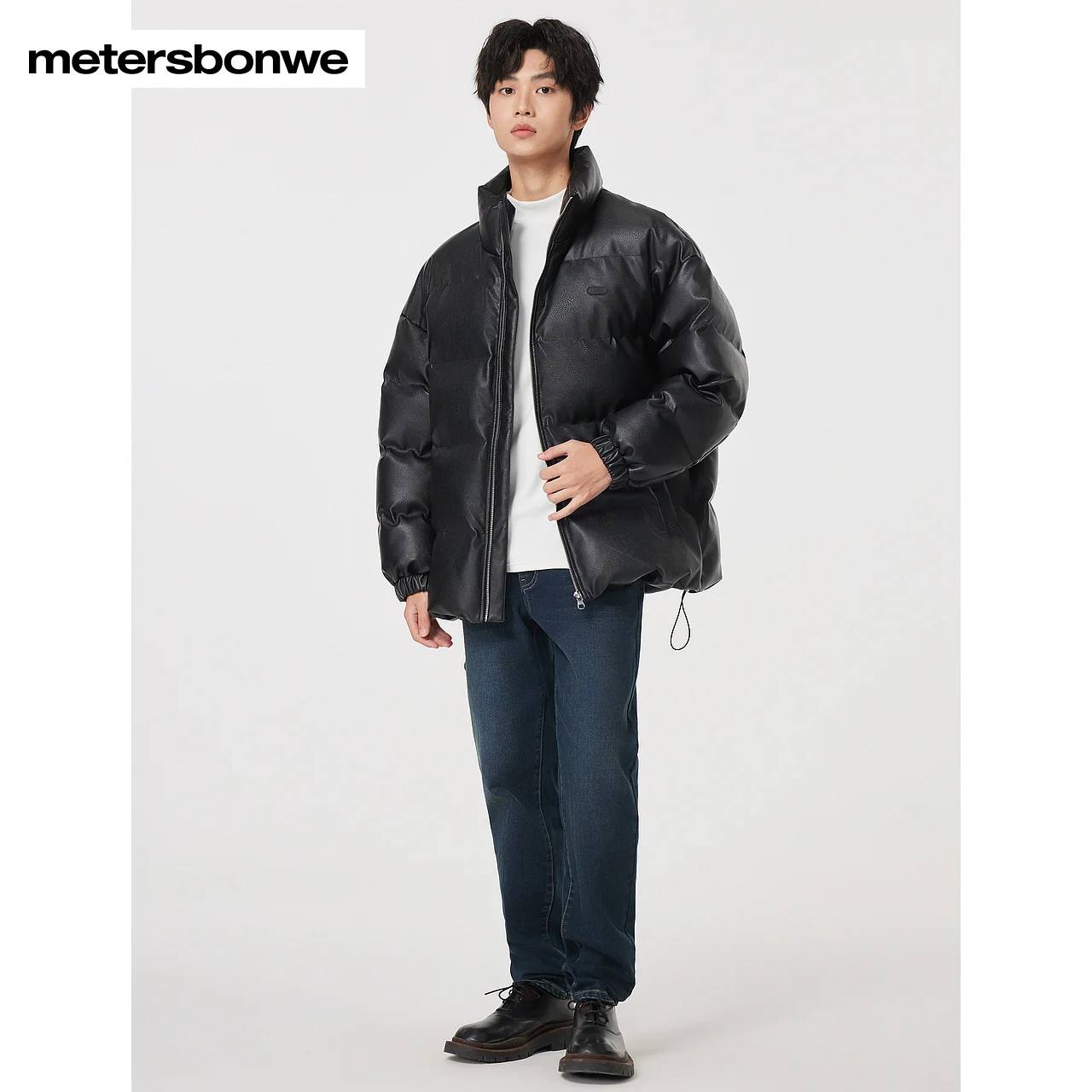 Metersbonwe Black PU Cotton Coat Men Standing Collar Artificial Leather Loose Coat Winter New 23 Thick Warm Cotton Jacket Brand