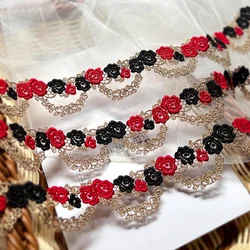 Elegant Embroidered Floral Lace Trim for Crafting and Sewing - 3.5cm Wide, 1 Yard (Red Gold)